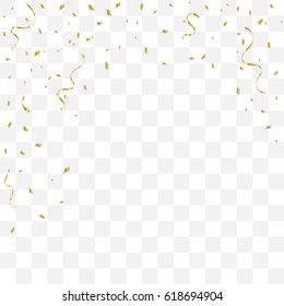 Many Falling Golden Tiny Confetti And Ribbons On Transparent Background. Vector