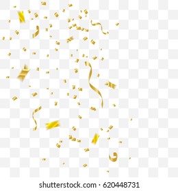 Many Falling Golden Tiny Confetti And Ribbons On Transparent Background. Vector