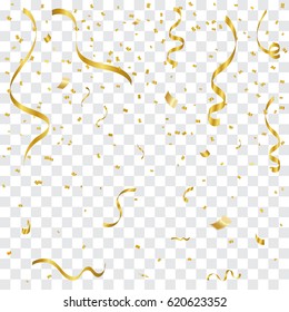 Many Falling Golden Tiny Confetti And Ribbons On Transparent Background. Vector Illustration