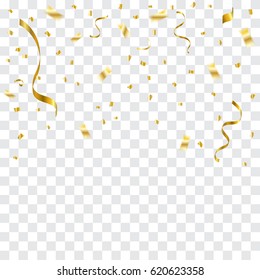 Many Falling Golden Tiny Confetti And Ribbons On Transparent Background. Vector Illustration