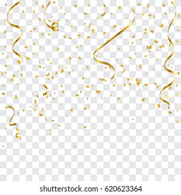 Many Falling Golden Tiny Confetti And Ribbons On Transparent Background. Vector Illustration