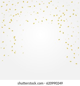 Many Falling Golden Tiny Confetti On Grey Background. Vector