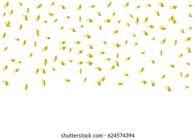 Many Falling Golden Tiny Confetti 3D On White Background. Vector
