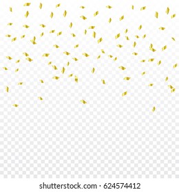 Many Falling Golden Tiny Confetti 3D On Transparent Background. Vector