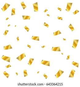 Many Falling Golden Tiny Confetti On White Background. Vector