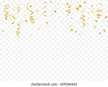 Many Falling Golden Tiny Confetti On Transparent Background. Celebration. Vector Illustration