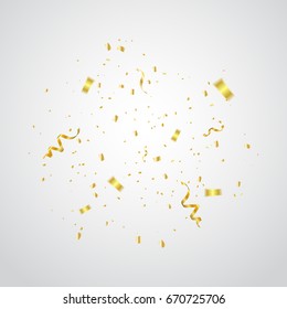 Many Falling Golden Tiny Confetti On White Background. Celebration. Vector Illustration