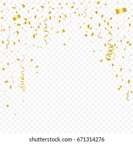 Many Falling Golden Tiny Confetti And Ribbons On Transparent Background. Vector Illustration