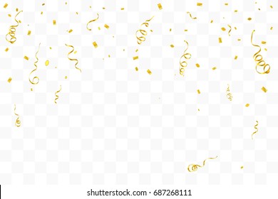 Many Falling Golden Tiny Confetti And Ribbons On Transparent Background. Vector Illustration