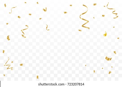 Many Falling Golden Tiny Confetti And Ribbon. Congratulations & Celebration Background. Vector Illustration