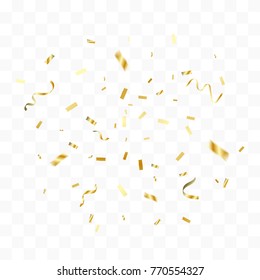 Many Falling Golden Tiny Confetti And Ribbons On Transparent Background. Vector Illustration