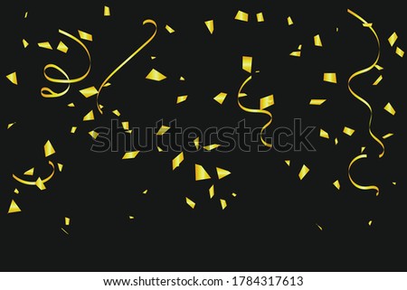Many Falling Golden Tiny Confetti And Ribbon isolated On Black Background. Celebration Event and Party. Grand Opening. Surpise Banner. Vector