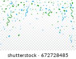 Many Falling Green And Blue Confetti With Ribbons On Transparent Background. Celebration & Party. Vector