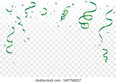 Many Falling Green Confetti On Transparent Background. Celebration & Party. Vector