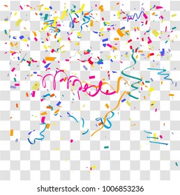 many falling holi color confetti pieces. vector background