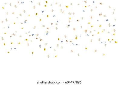 Many Falling Metallic Color Confetti Isolated On White Background. Vector