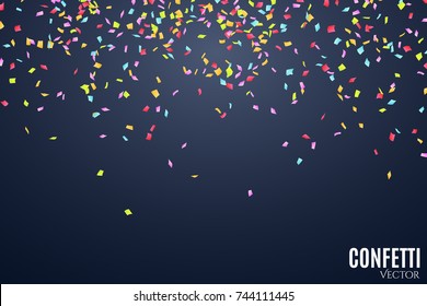 Many falling multicolored confetti on a dark blue background. Celebratory background on birthday. Place for your project. Vector illustration