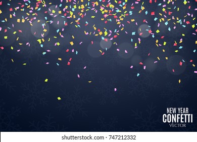 Many falling multicolored confetti on a dark blue background. Celebratory background on birthday. New Year and snowflakes. Glare bokeh. Place for your project. Vector illustration