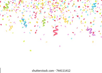 Many falling multicolored confetti and ribbons isolated on white background. Celebratory background on birthday. Place for your project. Vector illustration