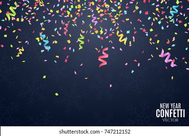 Many falling multicolored confetti and ribbons on a dark blue background. Celebratory background on birthday. New Year and snowflakes. Place for your project. Vector illustration