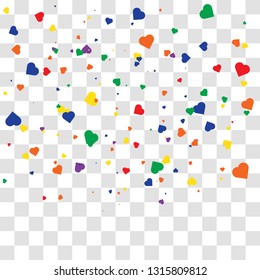 Many falling multicolored heart confetti pieces. vector background