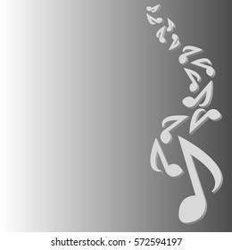 Many falling musical notes on gray gradient background. The abstract musical background concept.