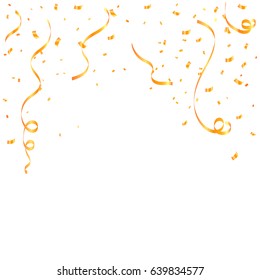 Many Falling Orange Tiny Confetti And Streamer Ribbon On White Background. Vector