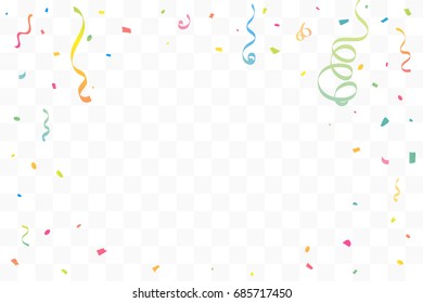 Many Falling Pastel Colorful Tiny Confetti And Ribbon On Transparent Background. Multicolored. Vector