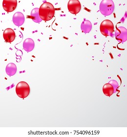 Many Falling Pink Red Tiny Confetti And Balloon Isolated On White Background. Wedding & Valentine. Vector