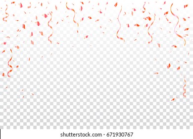 Many Falling Pink Tiny Confetti And Ribbons Falling On Transparent Background. Celebration Event & Birthday. Vector Illustration