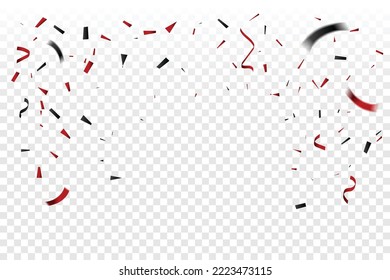 Many Falling Red And Black Confetti With Ribbon. Celebration Event And Birthday. Halloween Party Background. Vector Illustration