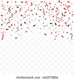 Many Falling Red And Black Tiny Confetti And Streamer Ribbon On Transparent Background. Vector