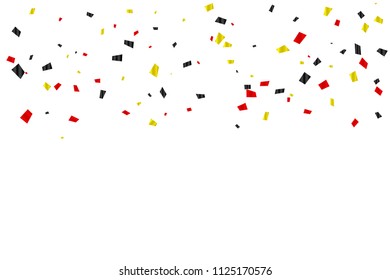 Many Falling Red, Black And Yellow Tiny Confetti Isolated On White Background.  Germany, Belgium Flags Color Concept. Sport Soccer Football Congratulations Decoration Backdrop. Vector