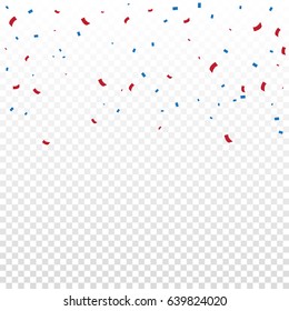 Many Falling Red And Blue Confetti Isolated On Transparent Background. Vector