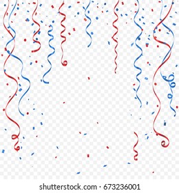 Many Falling Red And Blue Confetti With Ribbon On Transparent Background. Celebration Event & Party. Vector