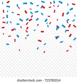 Many Falling Red And Blue Confetti Isolated On Transparent Background. Vector