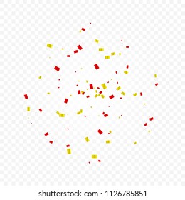 Many Falling Red And Gold Confetti And Ribbon Isolated On Transparent Background. Celebration & Birthday. Vector Illustration