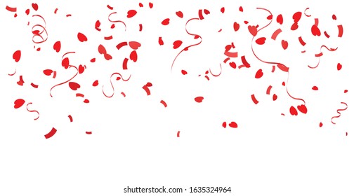 Many Falling Red Heart And Confetti Ribbon Isolated On White Background. Vector