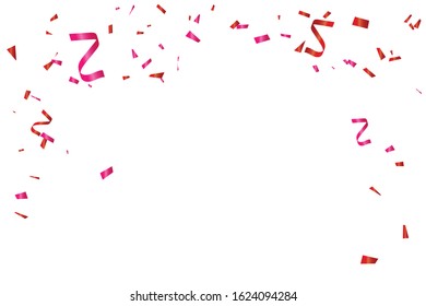 Many Falling Red And Pink Tiny Confetti With Ribbon Isolated On White Background. Vector