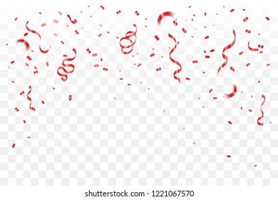 Many Falling Red Ribbon And Tiny Confetti Isolated On Transparent Background. Vector
