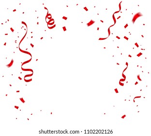 Many Falling Red Tiny Confetti And Streamer Ribbon Isolated On Transparent Background. England, Japan, Indonesia, Austria, Canada, switzerland Color Concept. Vector