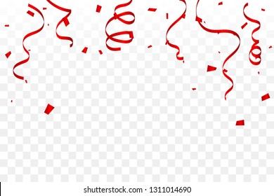 Many Falling Red Tiny Confetti And Ribbon Isolated On Transparent Background. Vector