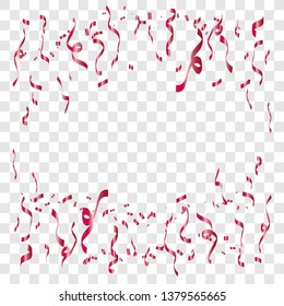 Many falling red tiny confetti. Falling shiny confetti glitters. Festive party design elements.