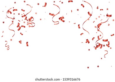 Many Falling Red Tiny Confetti and streamer ribbon Isolated On Transparent Background. Vector
