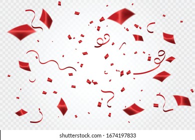 Many Falling Red Tiny Confetti And Ribbon Isolated On Transparent Background. Vector