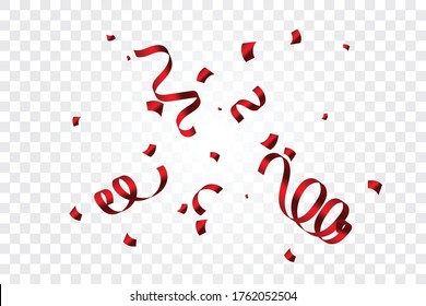 Many Falling Red Tiny Confetti And Ribbon Isolated On Transparent Background. Vector