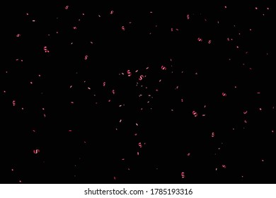 Many Falling Red Tiny Confetti Isolated On Black Background. Vector