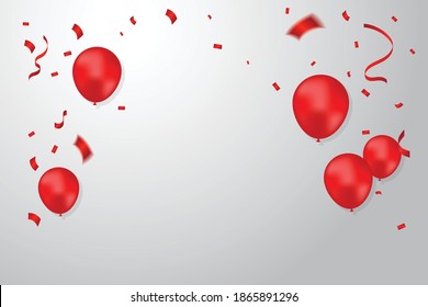 Many Falling Red Tiny Confetti And Balloon Isolated On White Background. Vector