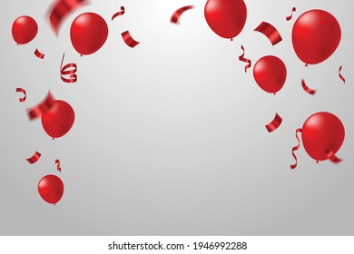 Many Falling Red Tiny Confetti With Balloon And Streamer Ribbon Isolated On White Background. Happy Birthday Banner. Vector