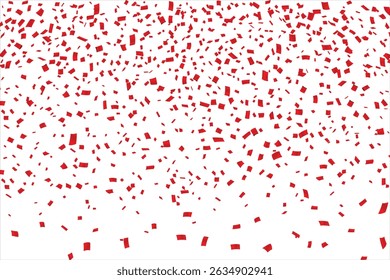 Many Falling Red Tiny Confetti, Vector template for your holiday, party, festival or birthday, Christmas, Valentines day red confetti on transparent background. Falling shiny confetti glitters. 